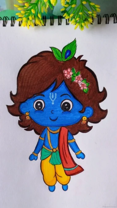 easy cute krishna drawing Illustrated tutorial on creating an easy, cute cartoon drawing of Krishna, showcasing playful expressions and colors.
