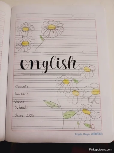 english front page design English notebook featuring a front page design adorned with daisies.