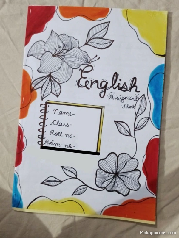 English project front page featuring a notebook adorned with colorful flowers and a handwritten note.