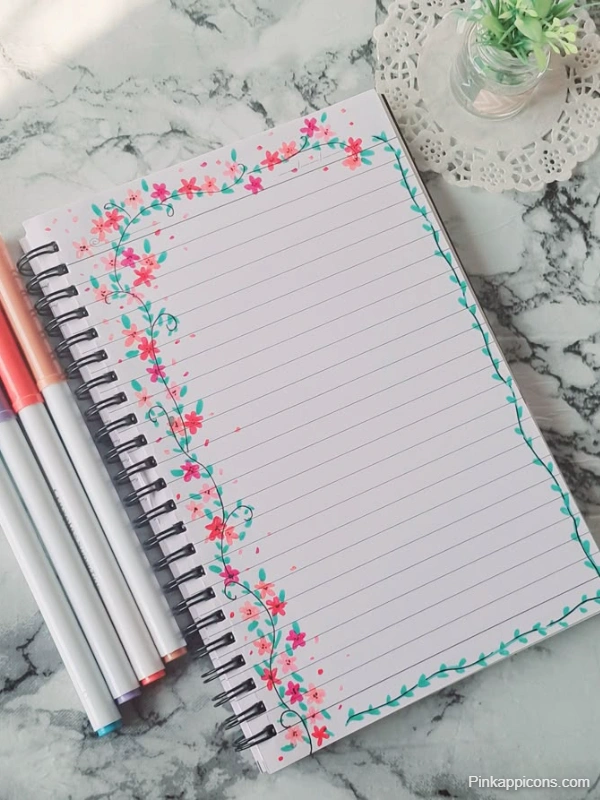 Aesthetic front page design of a new 5-piece notebook stationery set, showcasing various colors and patterns.