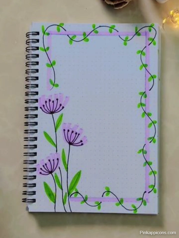 A notebook featuring a design of purple flowers and green leaves on the front cover, showcasing creative design ideas.
