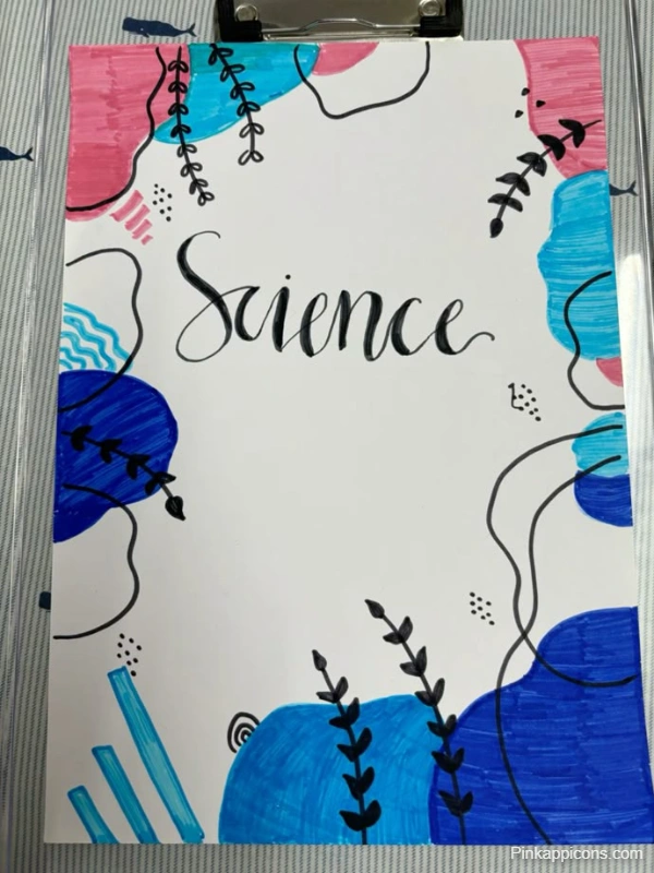 Colorful front cover of a science notebook featuring a vibrant design and decorative elements.