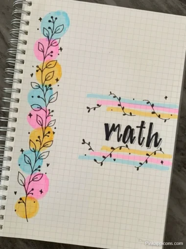 maths front page design Math notebook featuring a front page design adorned with colorful flowers.