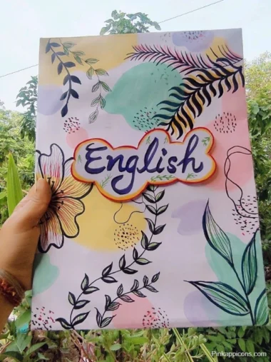 Front page design of a school English project notebook, featuring colorful graphics and a title prominently displayed.