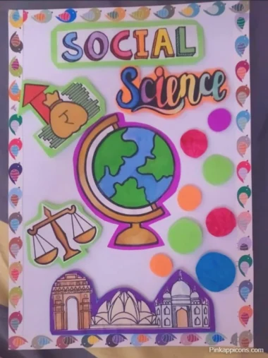 Bulletin board displaying a school social science project front page design sample with colorful visuals and informative text.