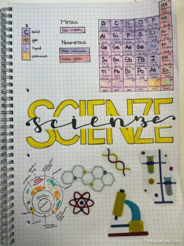 science front page design A science notebook featuring a front page design, surrounded by various scientific items and tools.