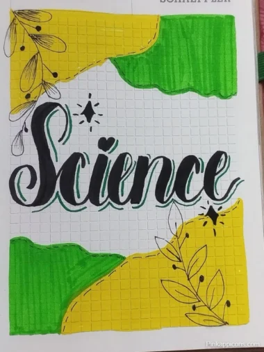 Drawing of the word "science" on a green and yellow background, titled "Science Front Page Drawing."