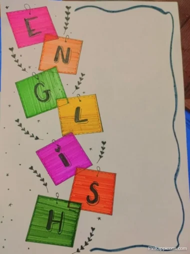 A colorful front page design for a Simple English assignment featuring the word "English" prominently displayed.