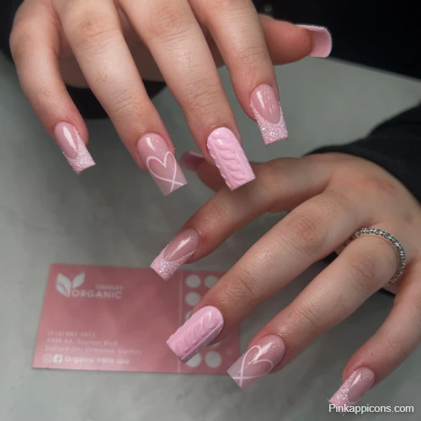 Adorable Cute Pink Nails Glitter French Tip, Knitted Texture, and Heart Design