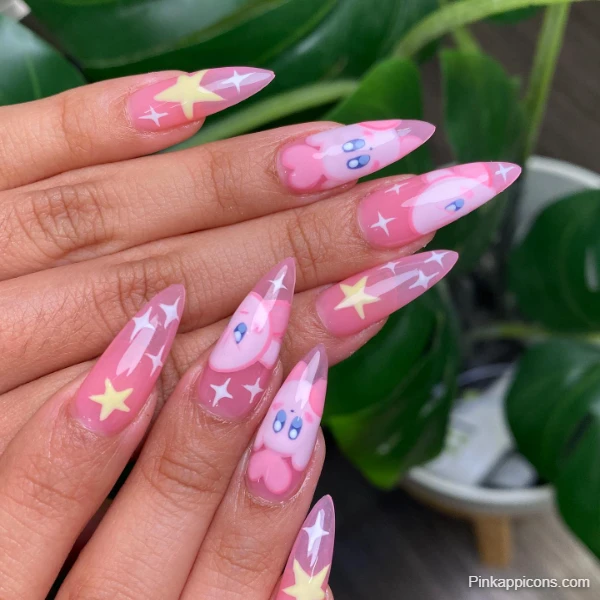 Adorable Cute Pink Nails with Kirby and Star Design