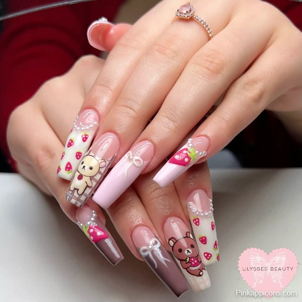 Adorable Cute Pink Nails with Rilakkuma Bear and Strawberry Design