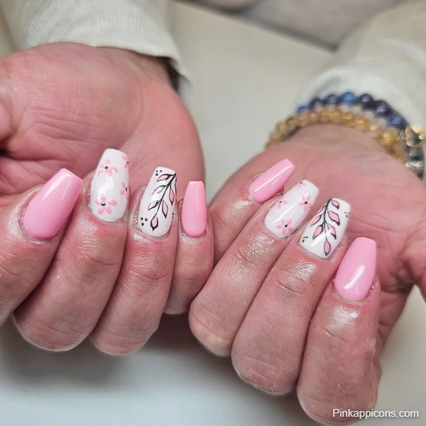 Adorable Cute Pink Nails with White Accents and Pink Floral Art