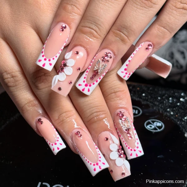Adorable Cute Pink Nails with White French Tip, Pink Dots, and Flowers