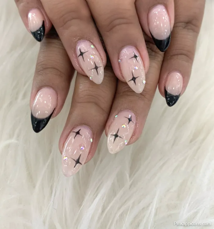 Almond Nails Black French Tip with Star Nail Art and Rhinestones