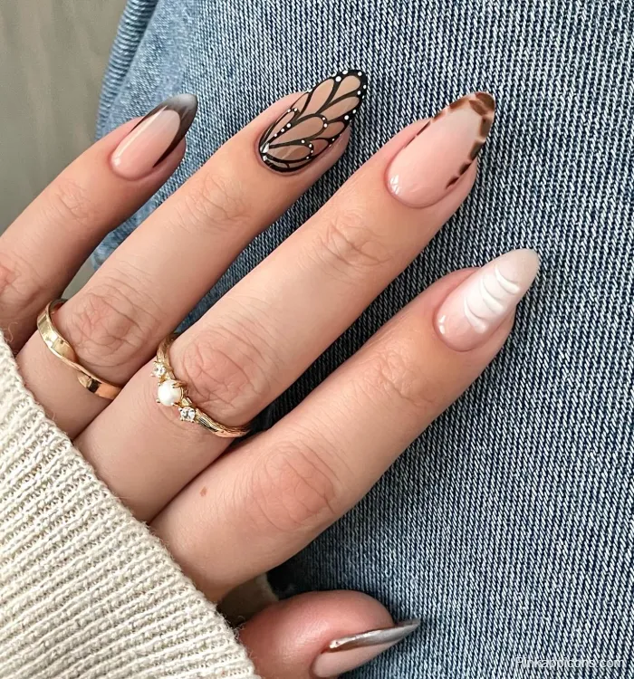 Almond Nails Butterfly Wing, Brown Gradient, White Swirl, and Silver Tip Nail Art