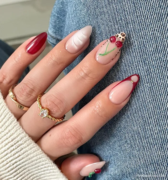 Almond Nails Cherry Nail Art, Red Gloss, White Swirl, and Leopard Print