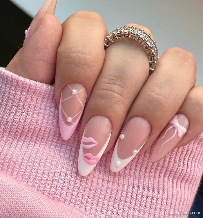 Almond Nails Chic Pink and White Nail Art with Pearls, Lips, and Bows