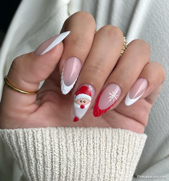 Almond Nails Cute 3D Santa, Snowflake, and Knit Christmas Nail Art