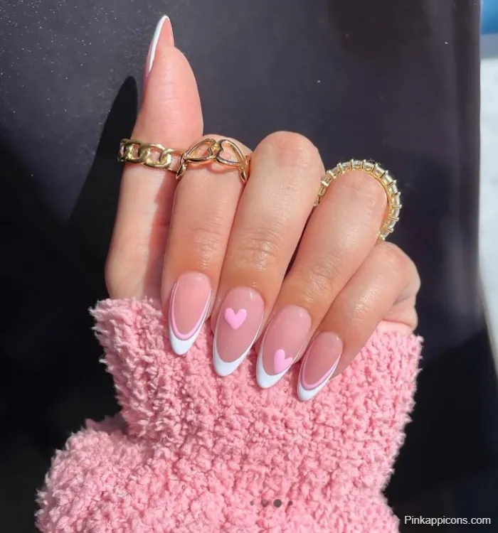 Almond Nails Cute Pink Heart Nail Art with White and Pink French Tips