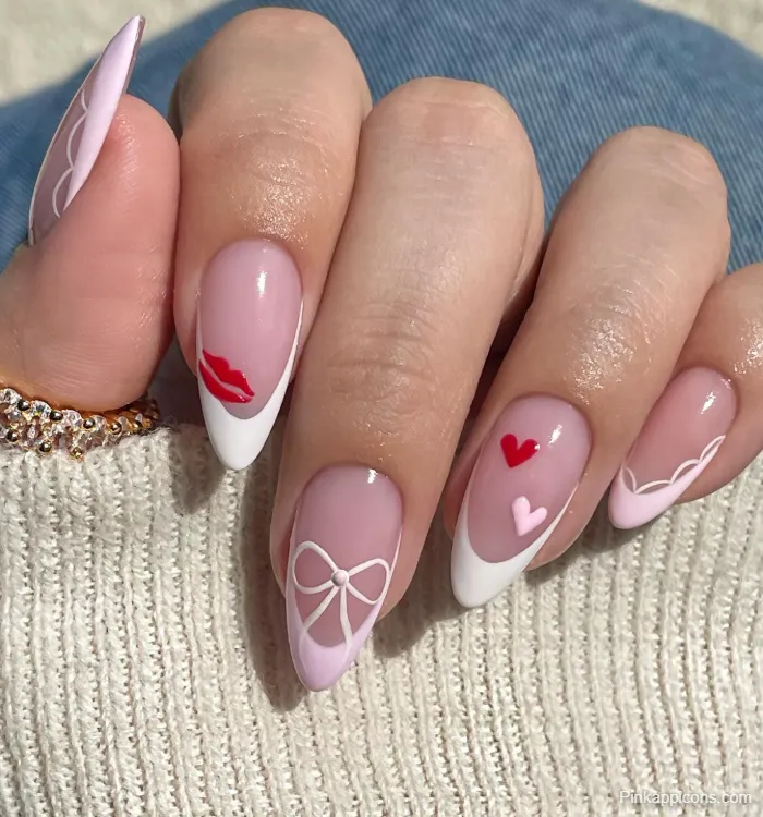 Almond Nails Cute Pink Nail Art with Hearts, Bows, and Lips