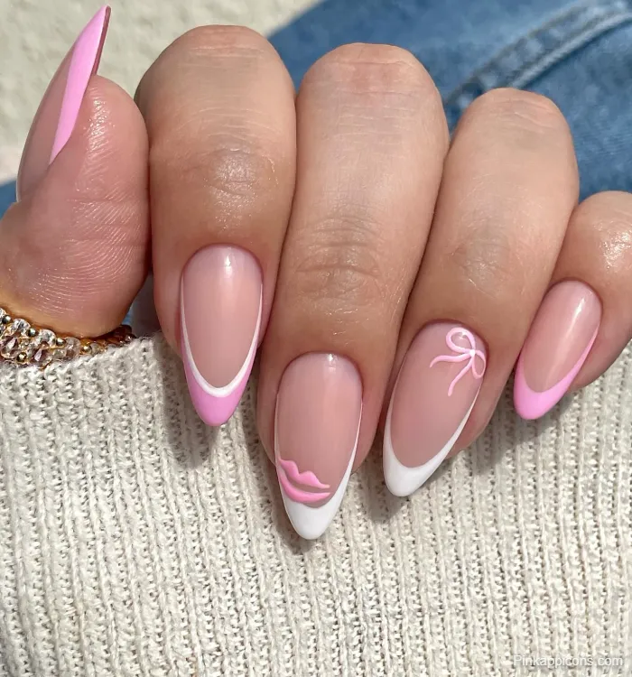 Almond Nails Cute Pink and White Nail Art with Lips and Bows
