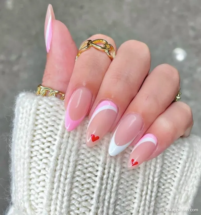Almond Nails Cute Red Heart Nail Art with White and Pink French Tips