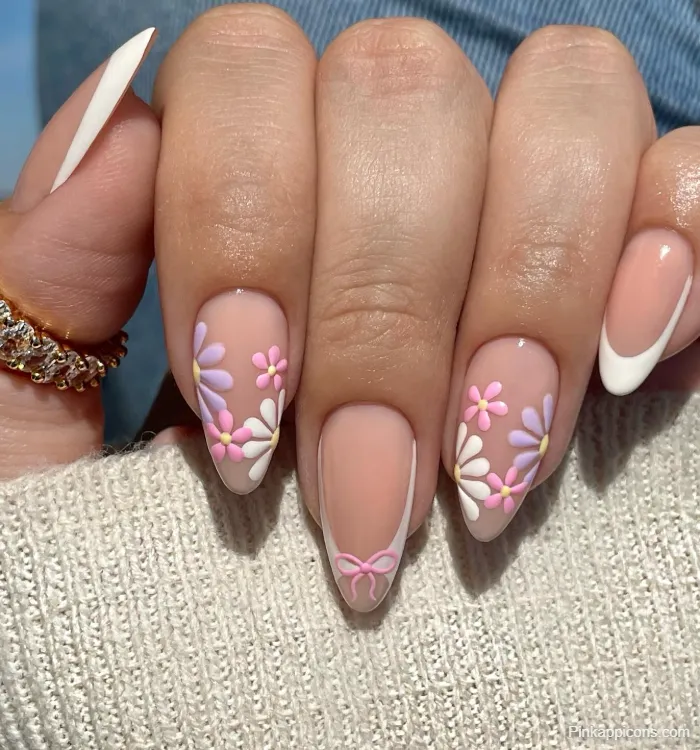 Almond Nails Delicate Floral Nail Art with 3D Flowers and White French Tips