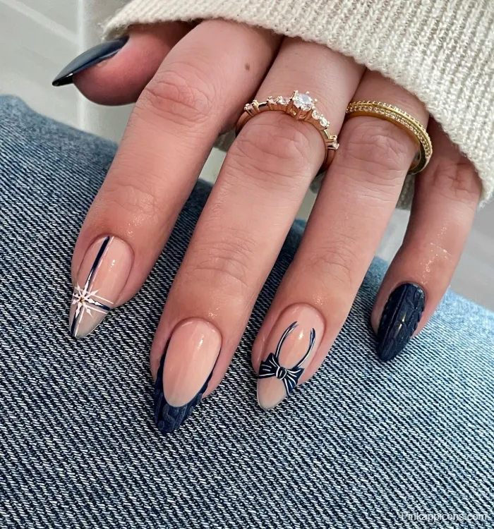 Almond Nails Elegant Navy Blue and Nude Nail Art with Ribbon and Geometric Accents