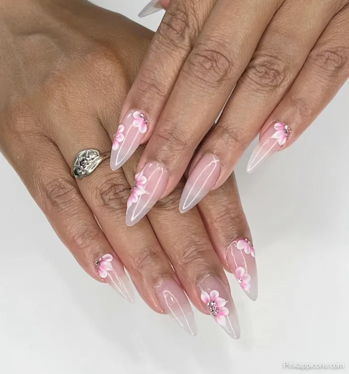 Almond Nails Elegant Pink and White Floral Nail Art with Silver Glitter