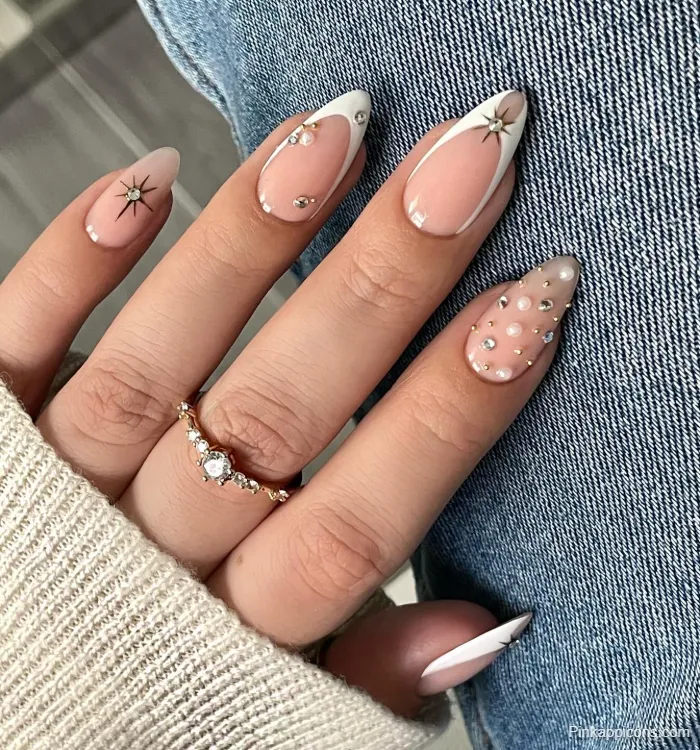 Almond Nails Elegant White French Tip with Starburst and Pearl Rhinestone Art