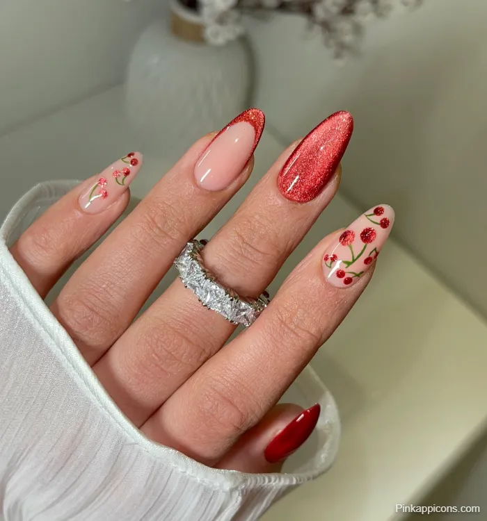 Almond Nails Festive Cherry Nail Art with Red Glitter and Eternity Ring