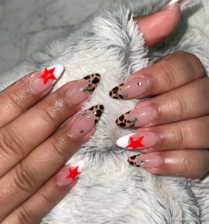 Almond Nails Festive Red Star and Leopard Print Cherry Christmas Nail Art