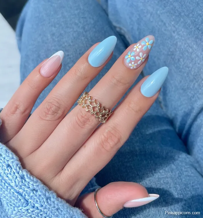 Almond Nails Light Blue with White French Tip and Floral Nail Art