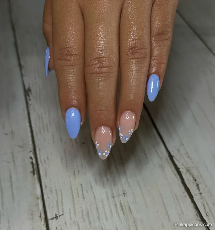 Almond Nails Minimalist Blue and White Dot French Tip Nail Art