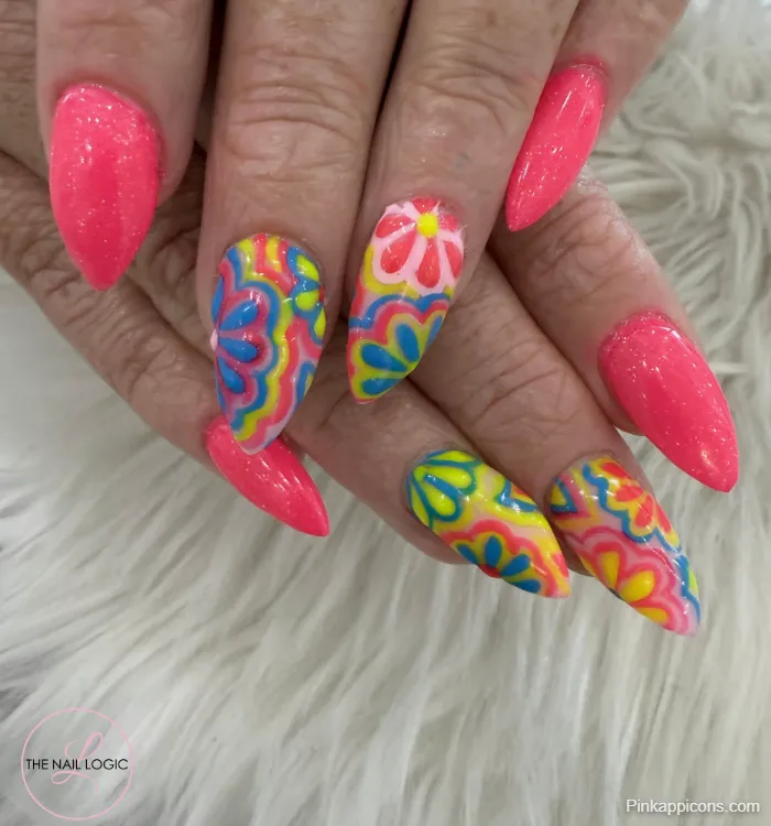 Almond Nails Psychedelic Swirl Nail Art in Pink, Yellow, Blue, and Green