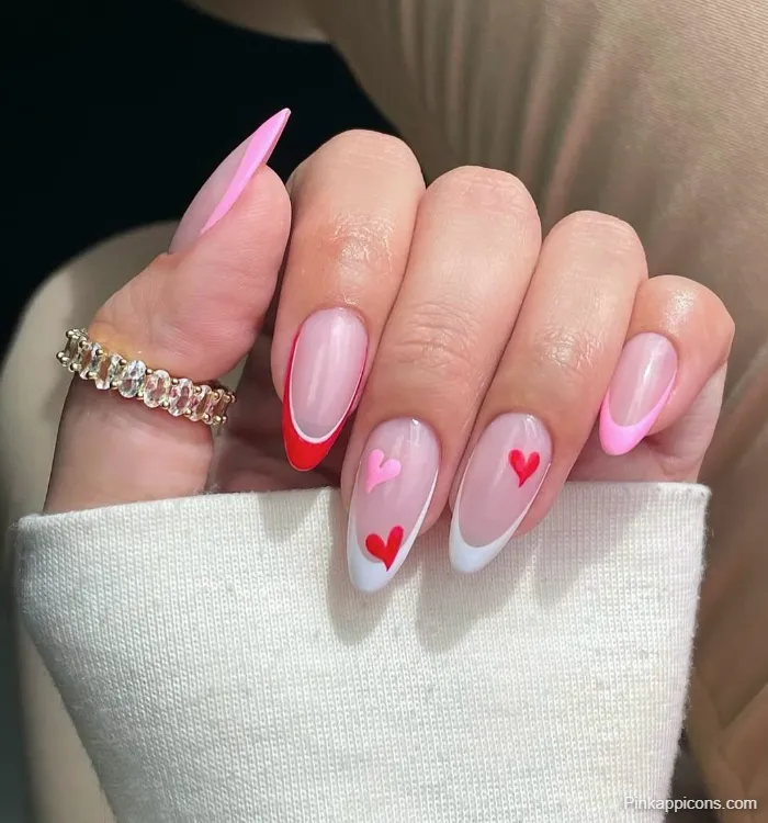Almond Nails Romantic Red, Pink, and White Nail Art with Heart Designs