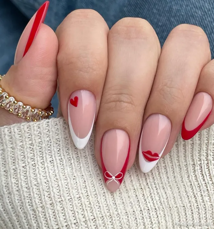Almond Nails Romantic Red and White Nail Art with Hearts, Bows, and Lips