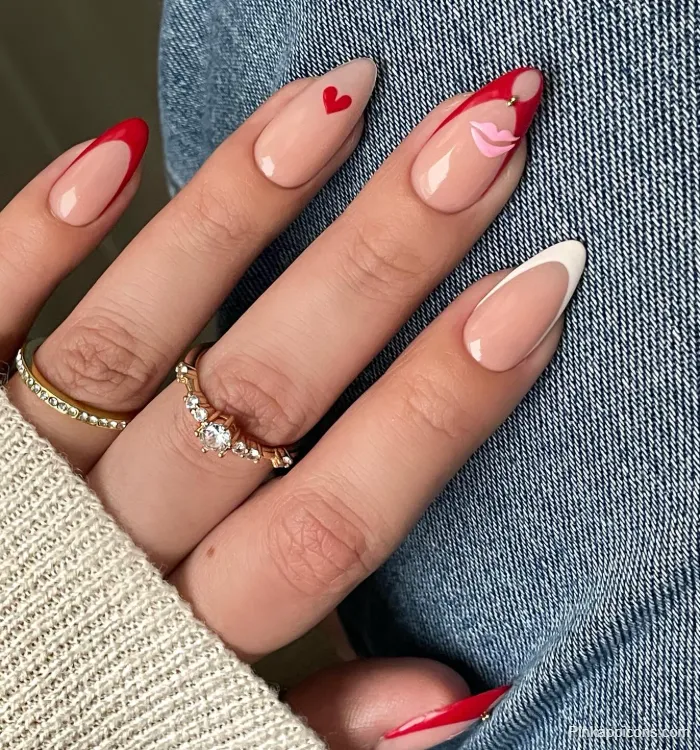 Almond Nails Romantic Red and White Nail Art with Hearts and Lips