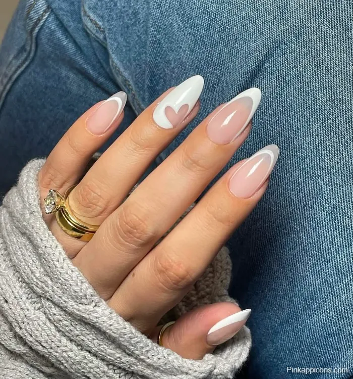 Almond Nails White Outlined French Tip with Delicate Pink Heart Nail Art