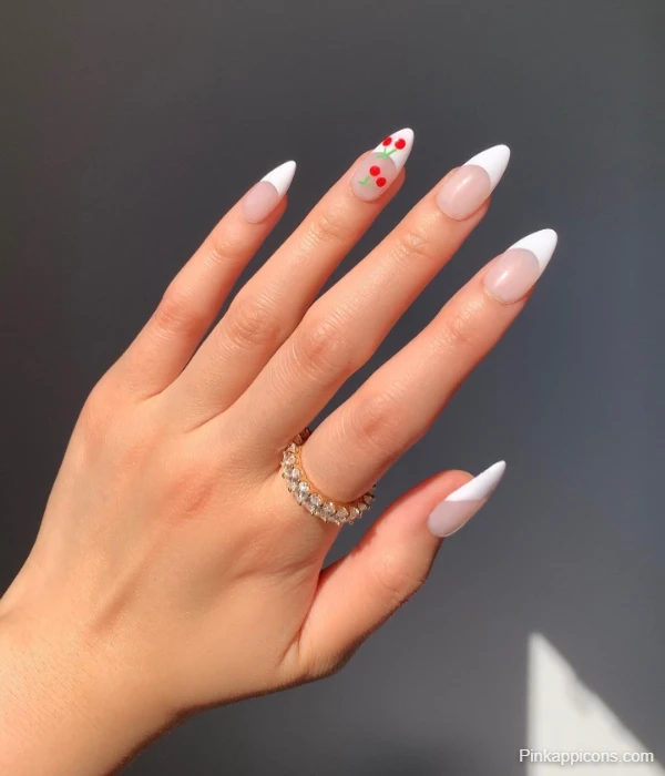 Almond Shape White French Tip Nails with Cherry Accent Cute Nail Idea