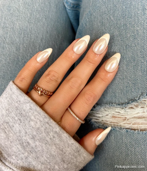 Almond Shape White French Tip Nails with Pearlescent Polish Chic Nail Idea