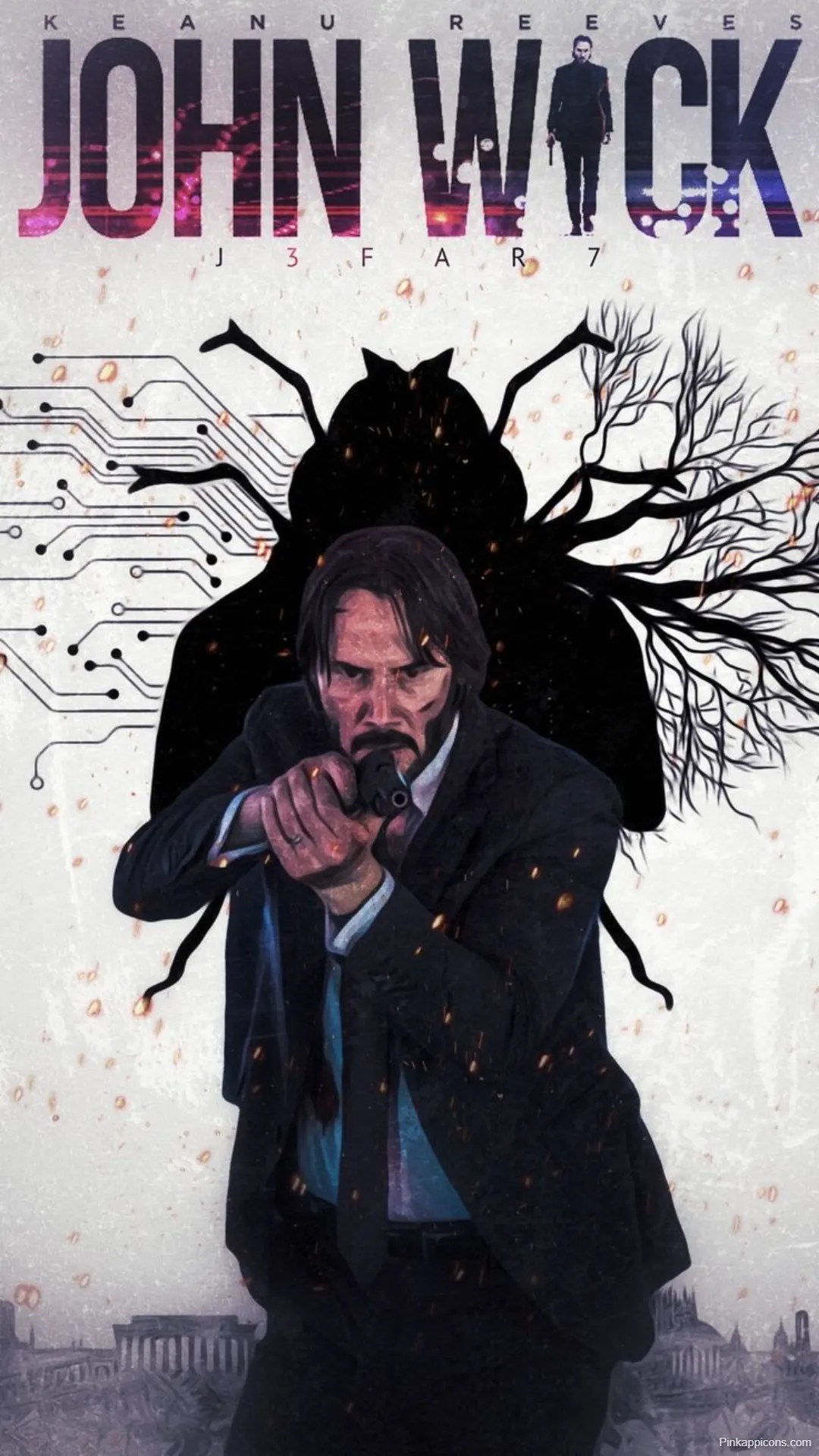 Artistic John Wick Wallpaper Stylized Bug and Circuit Design