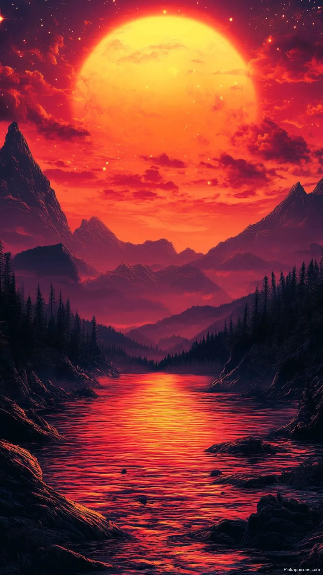 Blood Moon Mountain Wallpapers Eerie Red Sky Over Distant Peaks