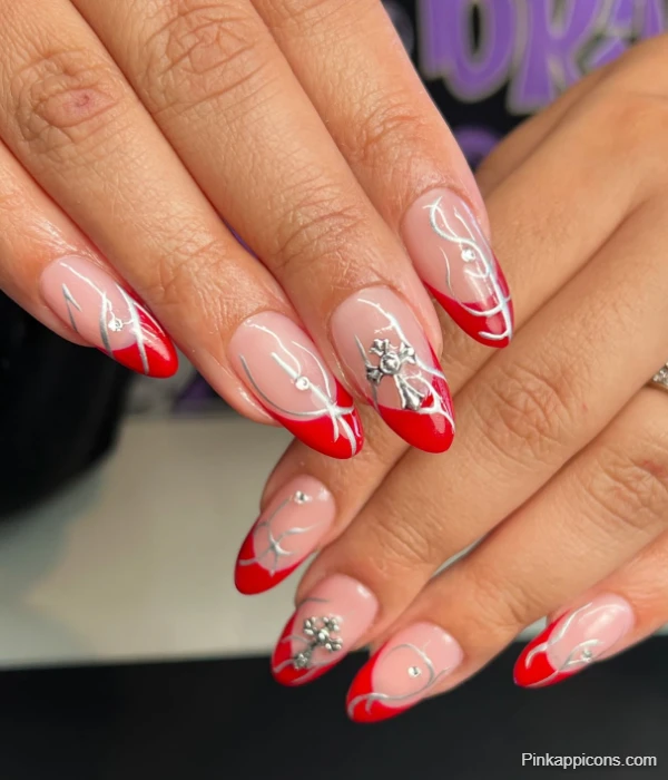 Bold Red and Silver Nail Art Idea with a Touch of White French Tip