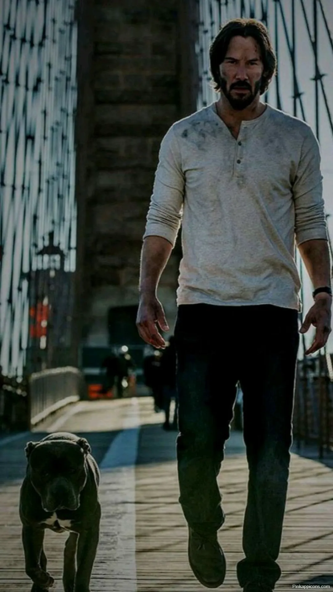 Casual John Wick and Dog Wallpaper Walking on Bridge