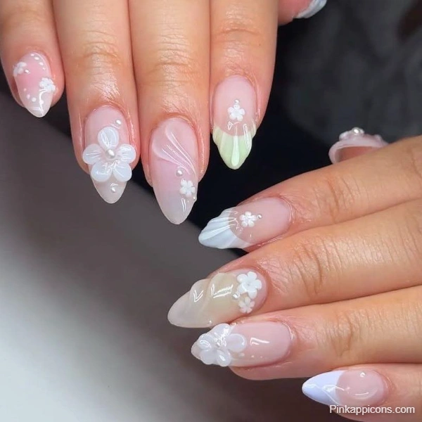 Cute 3D White Flower Nail Designs Elegant and Delicate Nail Art