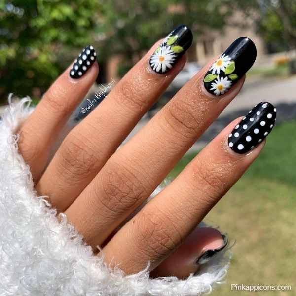 Cute Black and White Floral Polka Dot Nail Designs