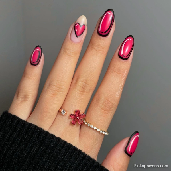 Cute Cartoon Outline Nail Designs Bold Pink and Black Nail Art