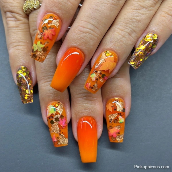 Cute Fall Acrylic Nail Designs Orange Coffin Nails with Autumn Leaves