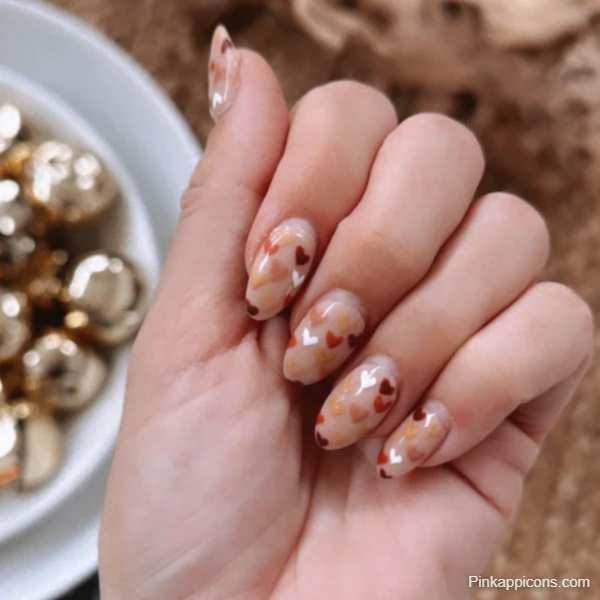 Cute Fall Nails Nude Base with Painted Autumn Hearts